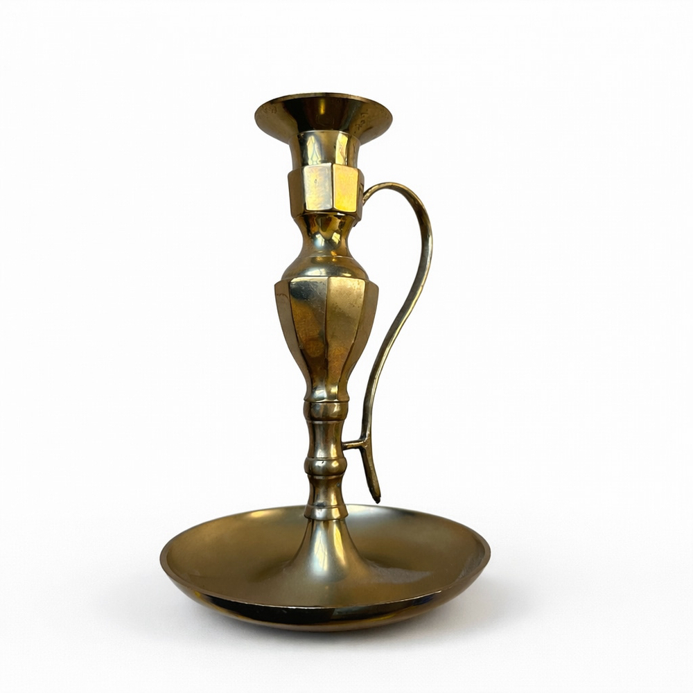 Vintage Solid Brass Candle Holder Heavy Handled Classic Decor